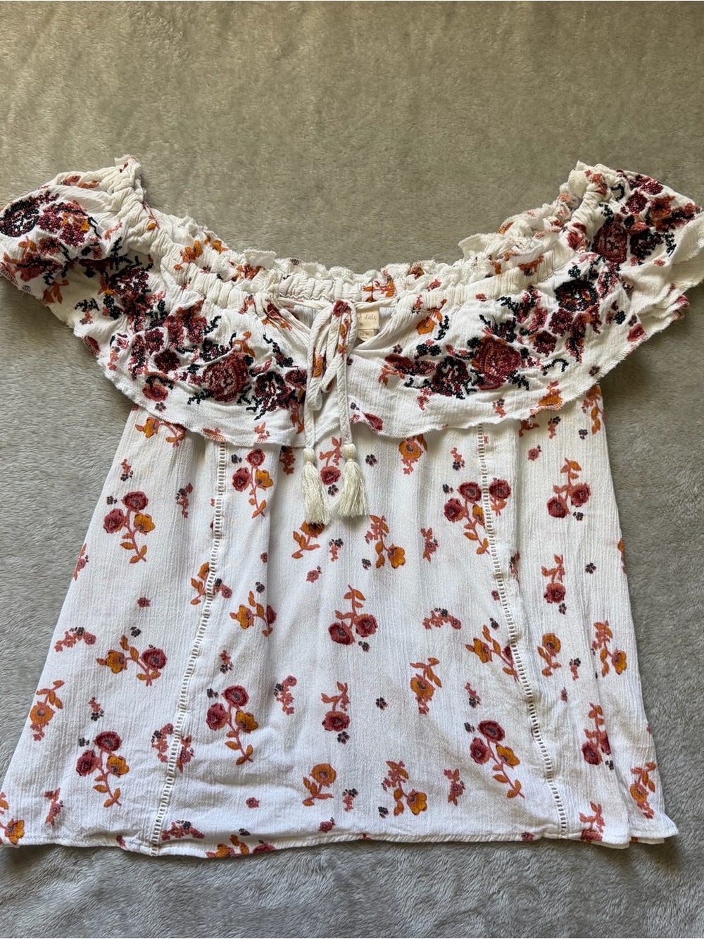 Altar'd State White Off-Shoulder Floral Tunic with Rust & Mustard Accents